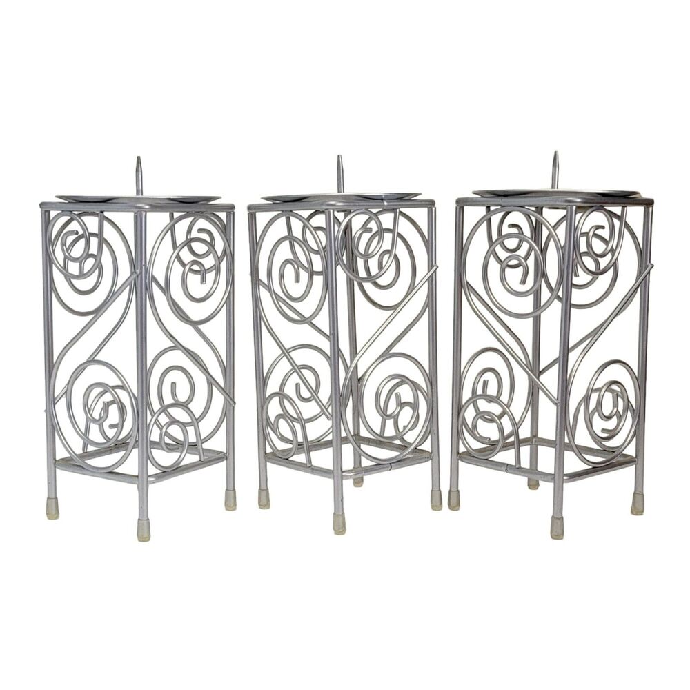 Silver Tone Candle Holders Set of 3 Pillar‎ 7" Scroll Ornate Metal Home Decor